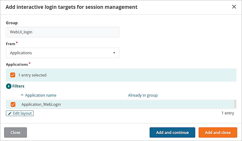 Screen shot of the Add Interactive Login Targets for Session Management dialog box